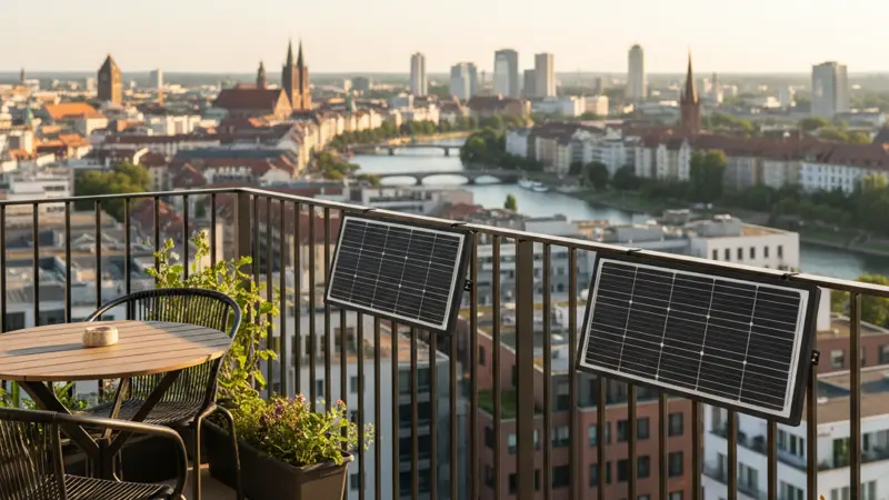 Balkonkraftwerk mit zwei Solarmodulen am Balkongeländer einer modernen Wohnung bei Sonnenschein