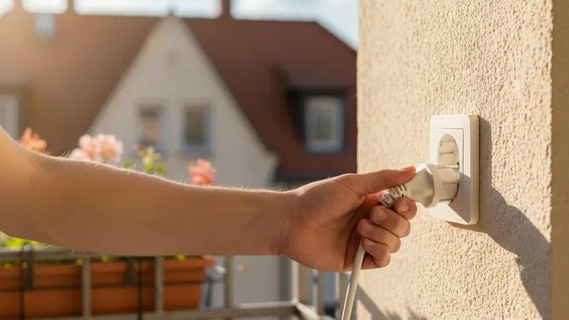 Nahaufnahme eines Schuko-Steckers, der in eine Außensteckdose auf einem Balkon gesteckt wird, Solarkabel im Hintergrund