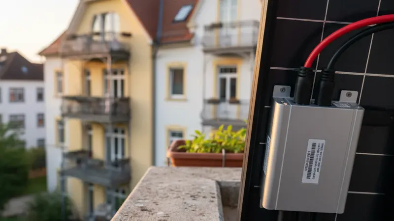 Detailaufnahme eines Mikro-Wechselrichters und MC4-Anschlüsse an der Rückseite eines Balkon-Solarmoduls