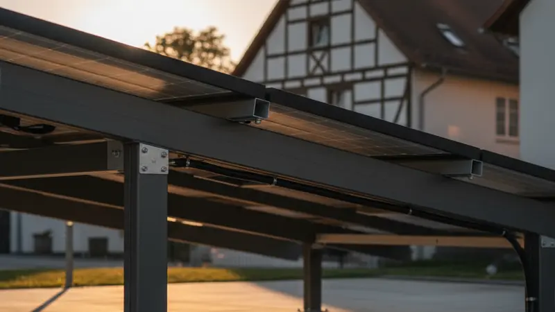 Nahaufnahme bifazialer Solarmodule auf einer Aluminium-Carportstruktur