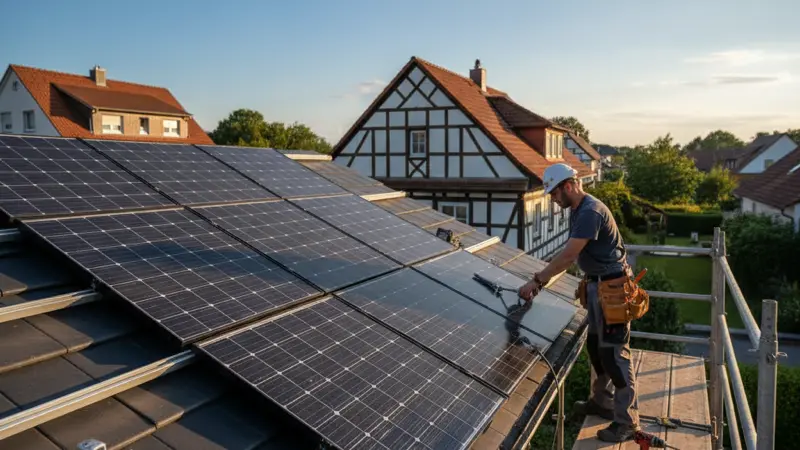 Handwerker installiert Solarmodule auf einem Carportdach