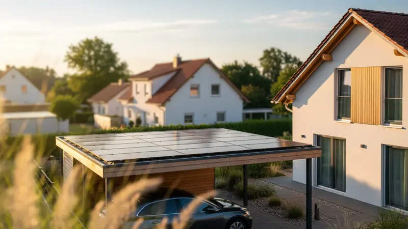 Moderner Solar-Carport mit integrierten Solarmodulen neben einem Einfamilienhaus