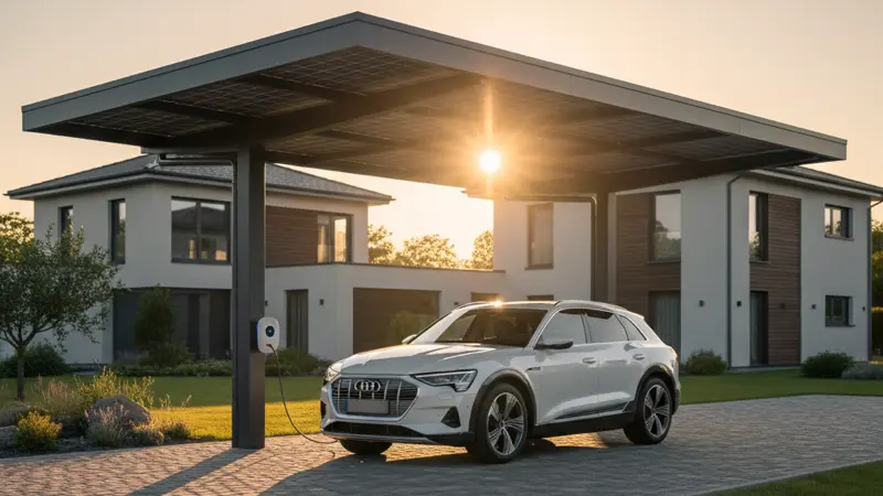 Elektroauto lädt unter einem Solar-Carport mit sichtbarer Wallbox