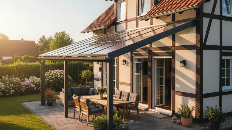 Elegantes Solar-Terrassendach mit semitransparenten Modulen und Gartenmöbeln darunter