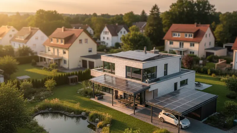 Draufsicht auf ein Haus mit Solar-Terrassendach und Solar-Carport