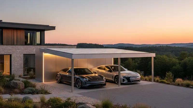Moderner Doppel-Solar-Carport mit integrierter LED-Beleuchtung in der Abenddämmerung