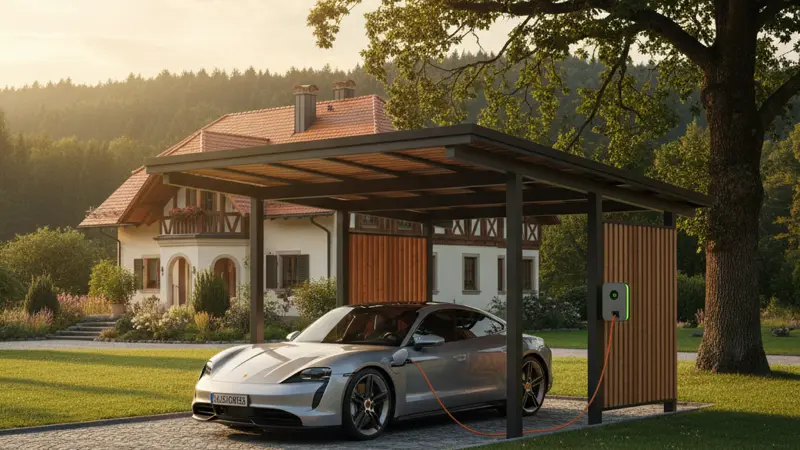 Elektroauto lädt unter einem Solar-Carport mit sichtbarer Wallbox