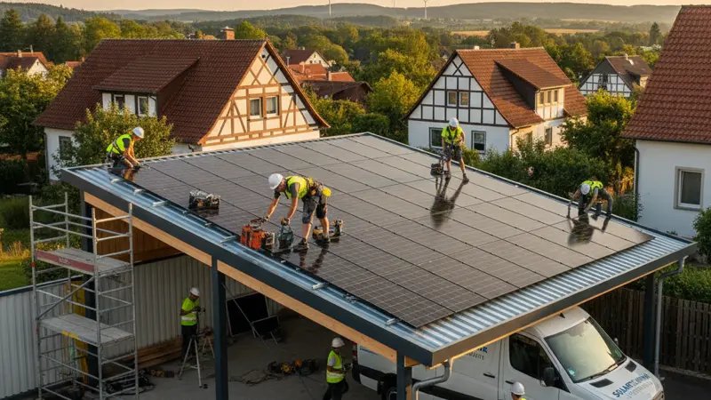 Fachkräfte bei der Installation eines Solar-Carports mit Solarmodulen