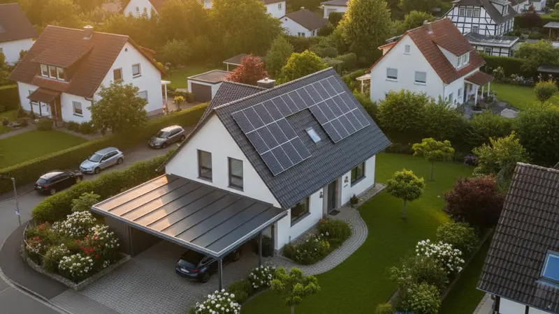 Luftaufnahme eines Wohnhauses mit Solar-Carport in der Einfahrt in einer deutschen Vorstadt