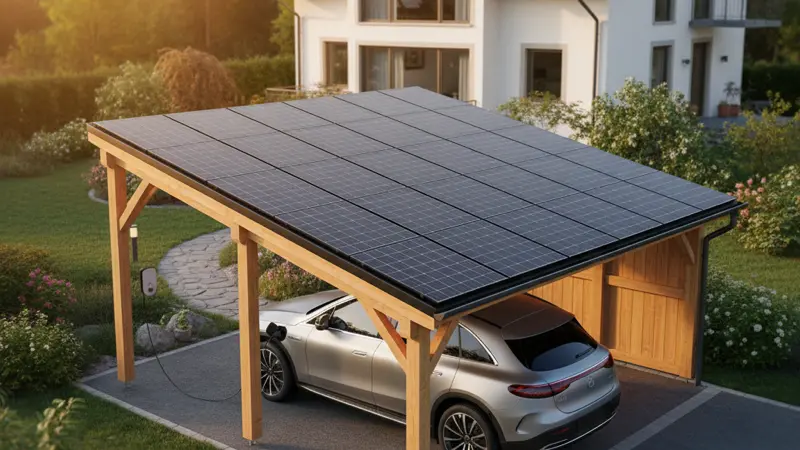 Moderner Solar-Carport mit Holzkonstruktion und Solarmodulen auf dem Dach vor einem deutschen Einfamilienhaus