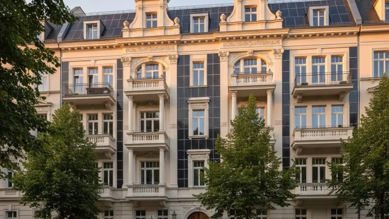 Gebaeudeintegrierte Photovoltaik an der Fassade eines historischen Gründerzeit-Gebaeudes