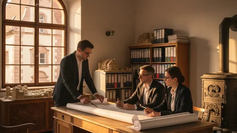 Genehmigungsverfahren bei der Denkmalschutzbehörde mit Bauplänen und Dokumenten