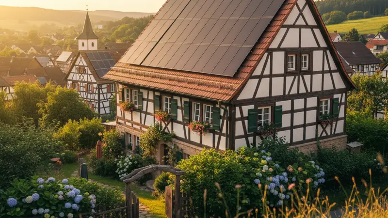 Denkmalgeschütztes Fachwerkhaus mit dezent integrierten Solarmodulen auf dem Dach