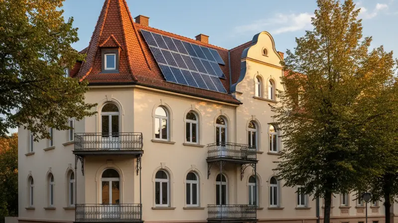 Indach-Solarmodule auf einem historischen Altbau, bündig mit der Dachfläche