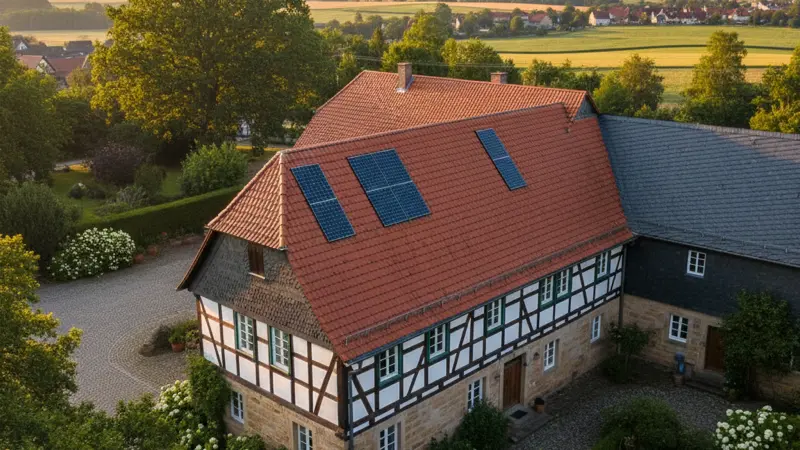 Solardachziegel in Nahaufnahme, die wie herkömmliche Tonziegel aussehen