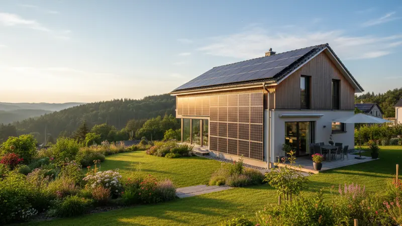 Einfamilienhaus mit Solarmodulen an der Suedwestfassade