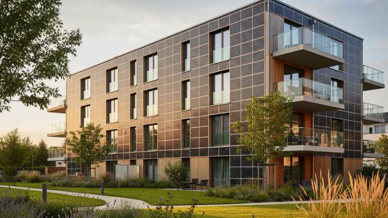 Modernes Mehrfamilienhaus mit eleganter Solarfassade aus dunklen Photovoltaikmodulen