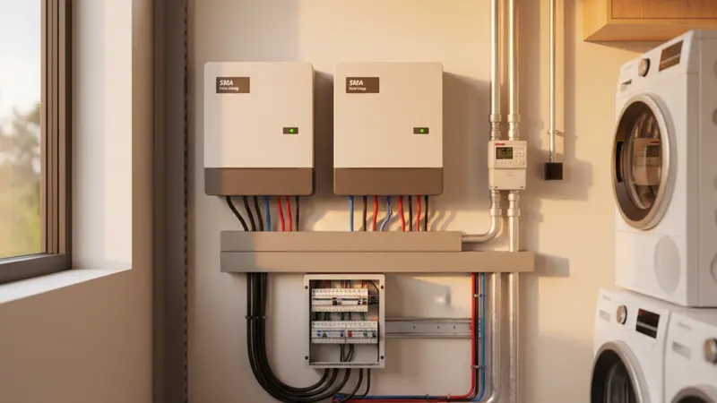 Wechselrichter und Verkabelung einer Fassaden-Solaranlage im Hauswirtschaftsraum