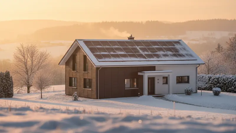 Einfamilienhaus mit Solar-Fassadenmodulen im Winter, Schnee auf dem Dach
