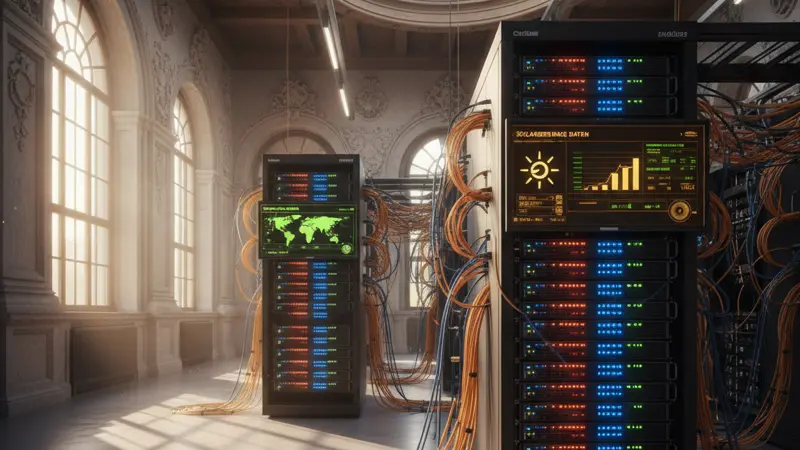 Serverraum eines modernen Solar-Monitoring-Cloud-Systems mit blinkenden LEDs und Glasfaserkabeln
