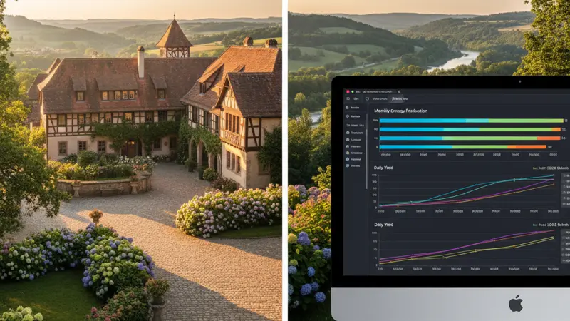 Detailliertes Solar-Ertragsdaten-Dashboard auf einem Monitor mit Balkendiagrammen und Liniendiagrammen