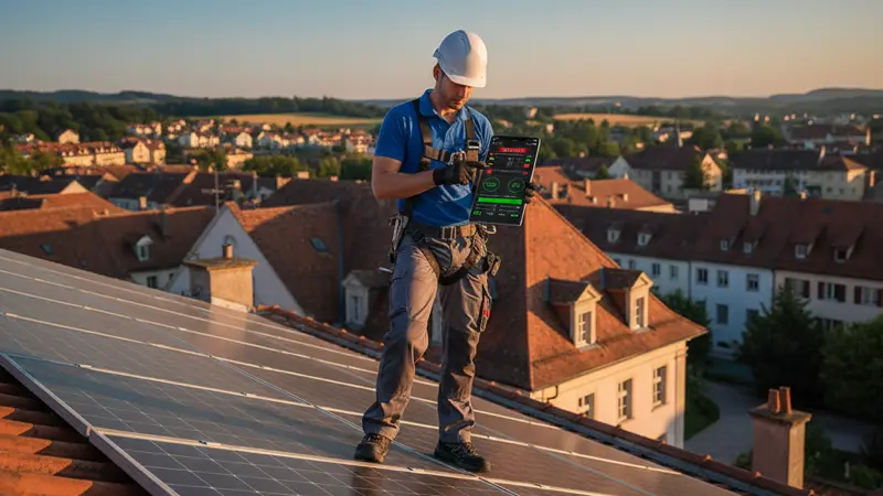 Solartechniker nutzt Smartphone-App zur Fehlerdiagnose auf dem Dach neben Solarmodulen