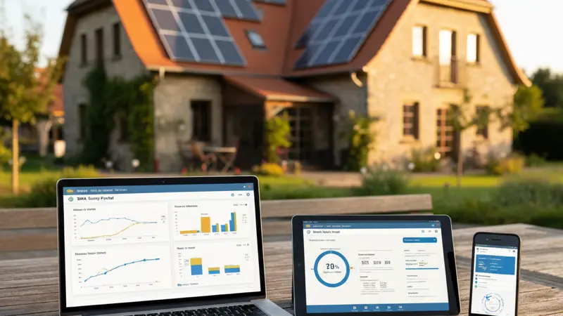Verschiedene Solar-Monitoring-Plattformen auf Laptop, Tablet und Smartphone nebeneinander