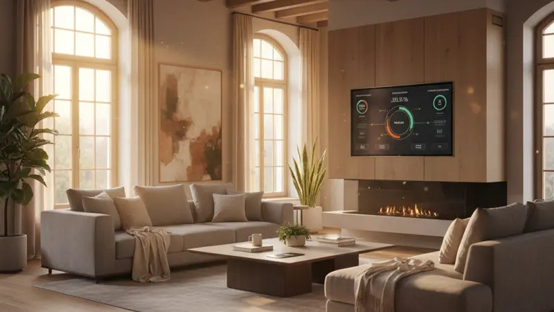 Modernes Wohnzimmer mit Smart-Home-Display an der Wand, das Solarproduktion und Energieverbrauch anzeigt