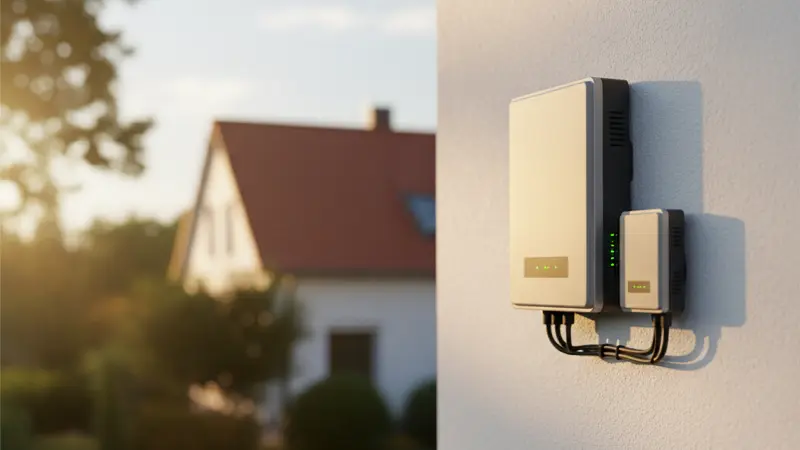 Moderner Wechselrichter mit WLAN-Modul und grünen LED-Statusanzeigen an einer Hauswand montiert