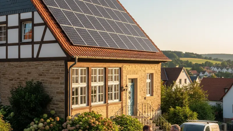 Hausbesitzer und Solarinstallateur geben sich die Hand vor einem Haus mit neu installierter Solaranlage