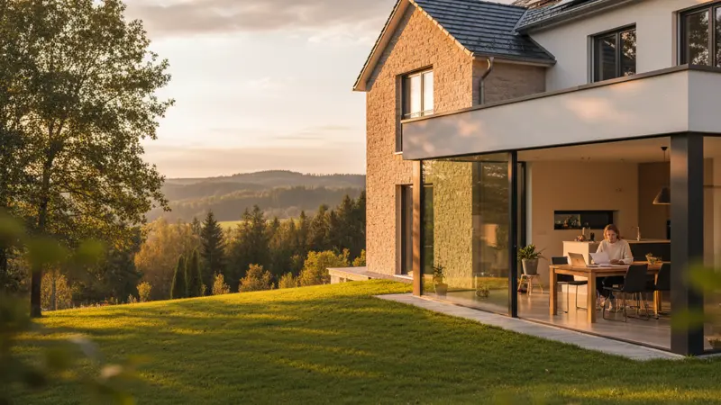 Deutsches Einfamilienhaus mit Solaranlage auf dem Dach, Hausbesitzer prüft Finanzierungsunterlagen