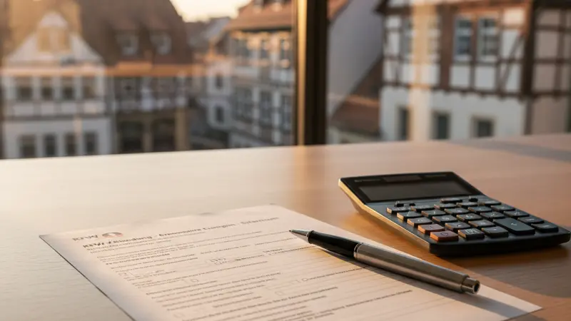 KfW-Kreditantrag für Solaranlage auf einem Schreibtisch mit Taschenrechner und Kugelschreiber