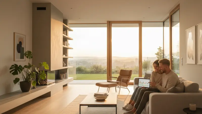 Junges Paar prüft Solarertraege auf einem Tablet im Wohnzimmer