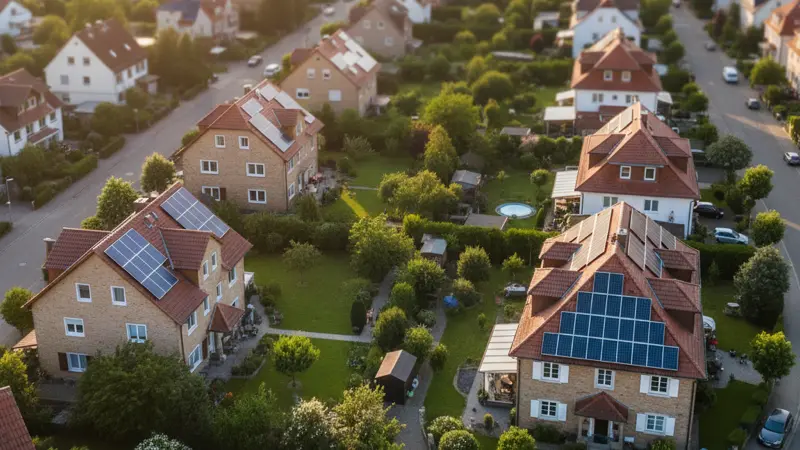 Luftaufnahme einer deutschen Wohnsiedlung mit mehreren Häusern mit Solaranlagen auf den Dächern