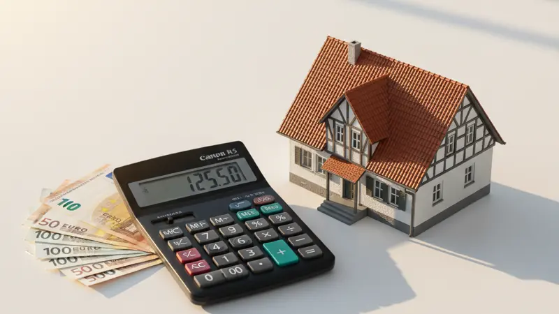 Taschenrechner mit Euro-Banknoten und Miniaturhaus symbolisiert Solaranlage-Renditeberechnung