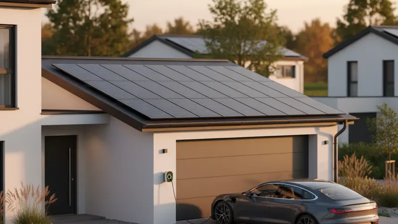 Doppelgarage mit Solarmodulen und Wallbox für E-Auto