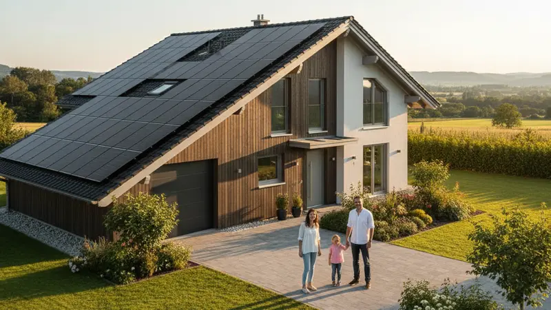 Glückliche Familie vor ihrem Haus mit Solaranlage auf der Garage