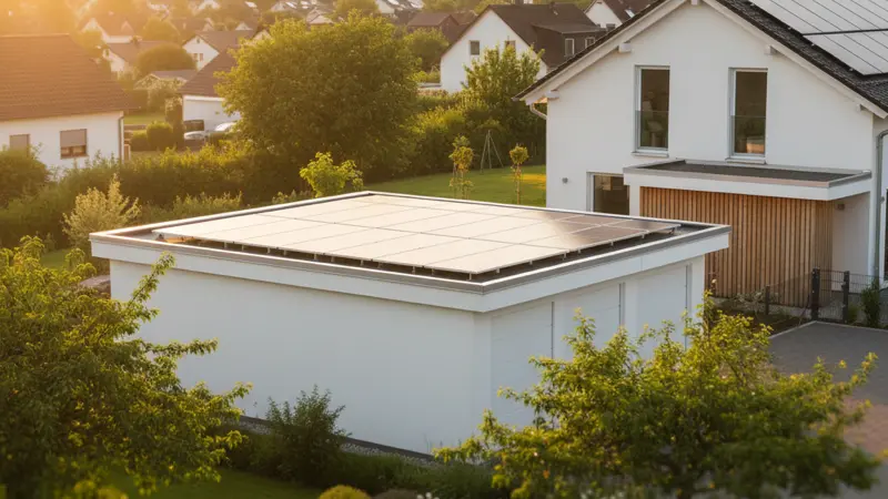Solarmodule auf einem Garagenflachdach neben einem Einfamilienhaus