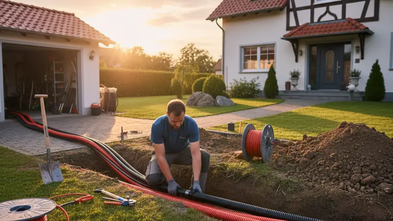 Elektriker verlegt Solarkabel von der Garage zum Wohnhaus