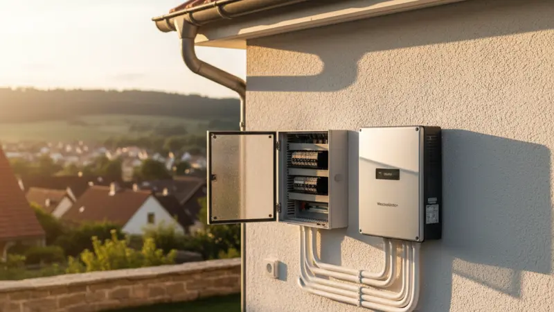 Wechselrichter montiert an einer Garagenwand