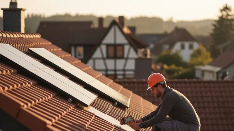 Techniker vermisst Dachfläche für Solarmodule mit Messgerät