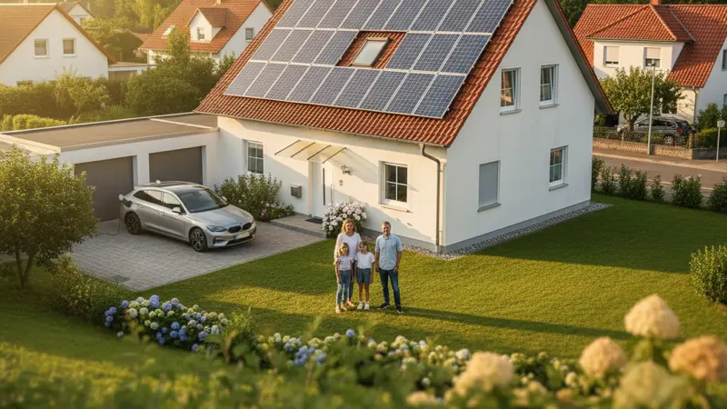 Familie vor ihrem Einfamilienhaus mit Solaranlage und Elektroauto in der Einfahrt