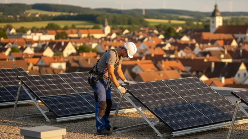 Solartechniker installiert Solarmodule mit Aufständerung auf einem Flachdach