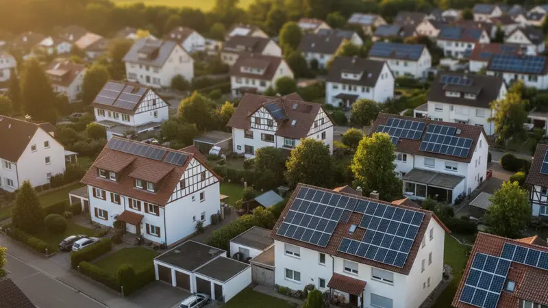 Luftaufnahme einer deutschen Wohnsiedlung mit Solaranlagen unterschiedlicher Größe auf den Dächern
