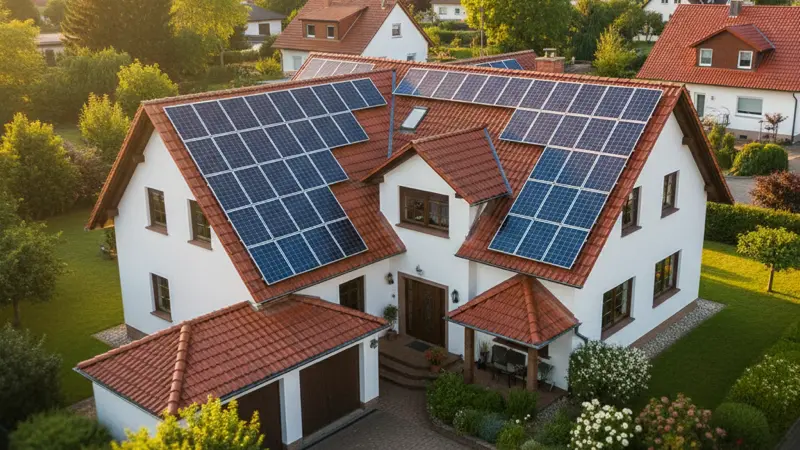 Einfamilienhaus mit großer Solaranlage auf dem Ziegeldach bei Sonnenschein