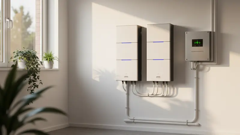 Batteriespeicher und Solarwechselrichter professionell an einer Kellerwand installiert