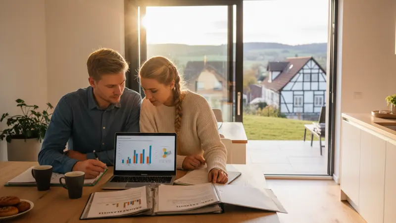 Paar vergleicht Solaranlage-Angebote am Küchentisch mit Laptop und Unterlagen