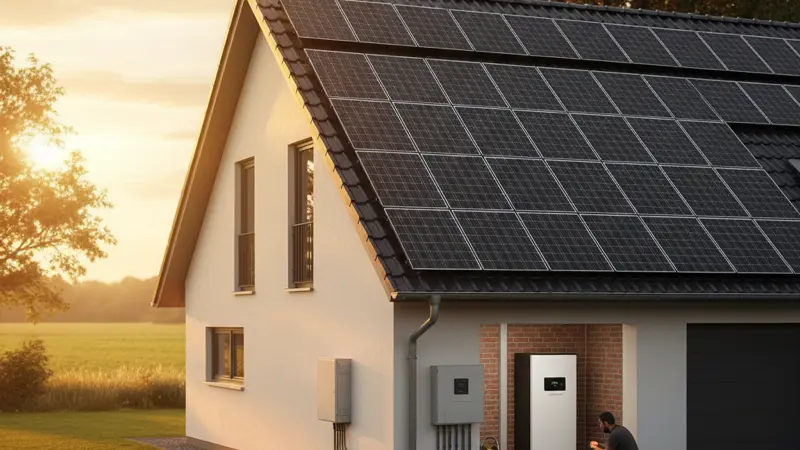 Solaranlage Komplettpaket auf einem modernen Einfamilienhaus mit Speicher und Wechselrichter