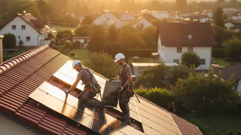 Professionelle Montage von Solarmodulen auf einem Ziegeldach durch Fachbetrieb