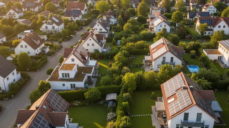 Wohnviertel mit mehreren Häusern und Solaranlagen auf verschiedenen Dachtypen